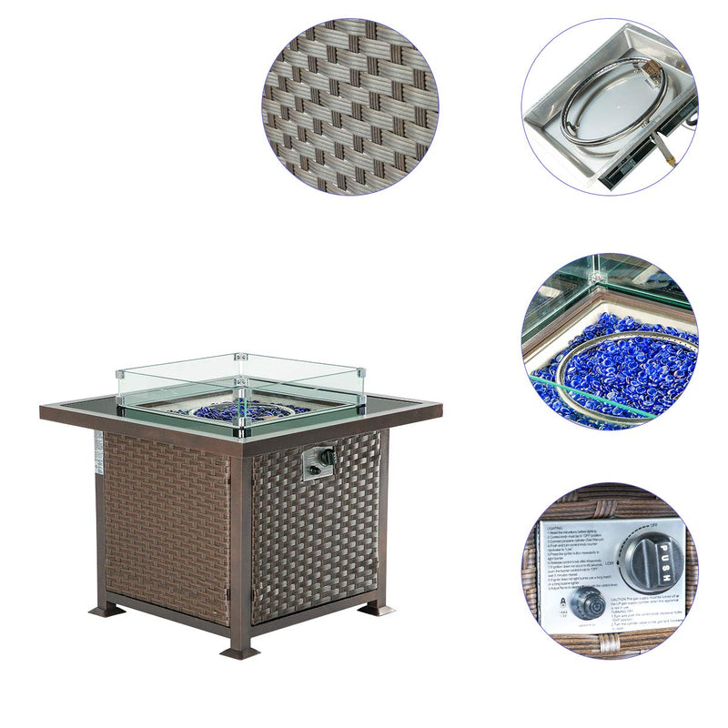32'' Propane Gas Fire Pits Table, Auto-Ignition Gas Firepit with Glass Wind Guard, Black Tempered Glass Tabletop & Glass Rock, Brown PE Rattan
