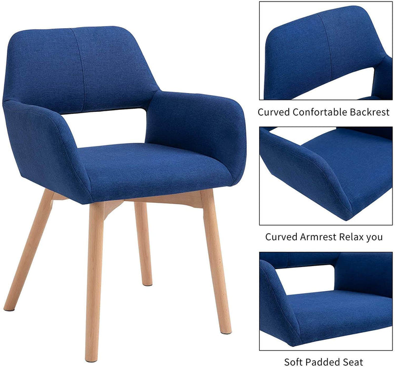 Modern Living Dining Room Accent Arm Chairs, Fabric Mid-Century Upholstered Seat with Solid Wood Legs, Blue