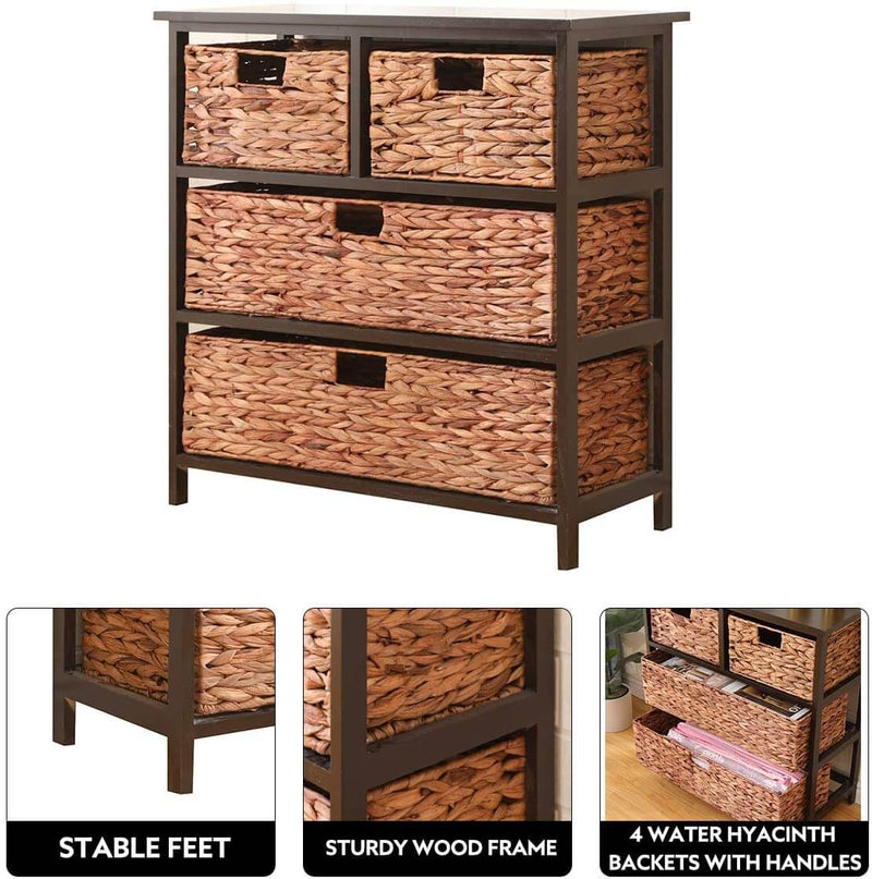 3 Tier with 4 Rattan Wicker Basket Storage Tower, Water Hyacinth Storage Tower Beside Table Storage Organizer End Table for Bathroom
