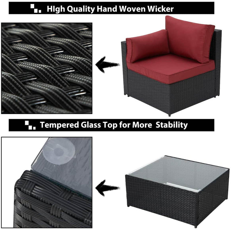 7-Piece Wicker Outdoor Patio Sectional Furniture Set Rattan Patio Conversation Furniture Sets Wicker Sofa Set with Red Cushion