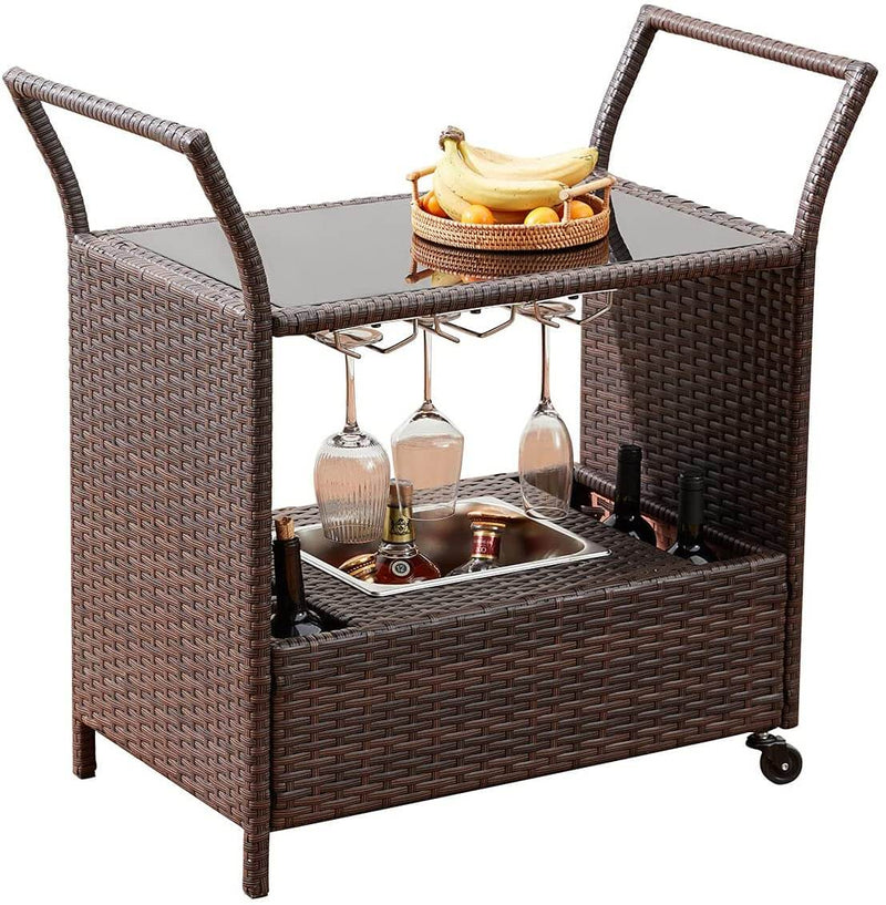 Outdoor Wicker Bar Cart Patio Serving Counter Table w/ Removable 12L Ice bucket, Glass Top, Wine Rack & Wheels