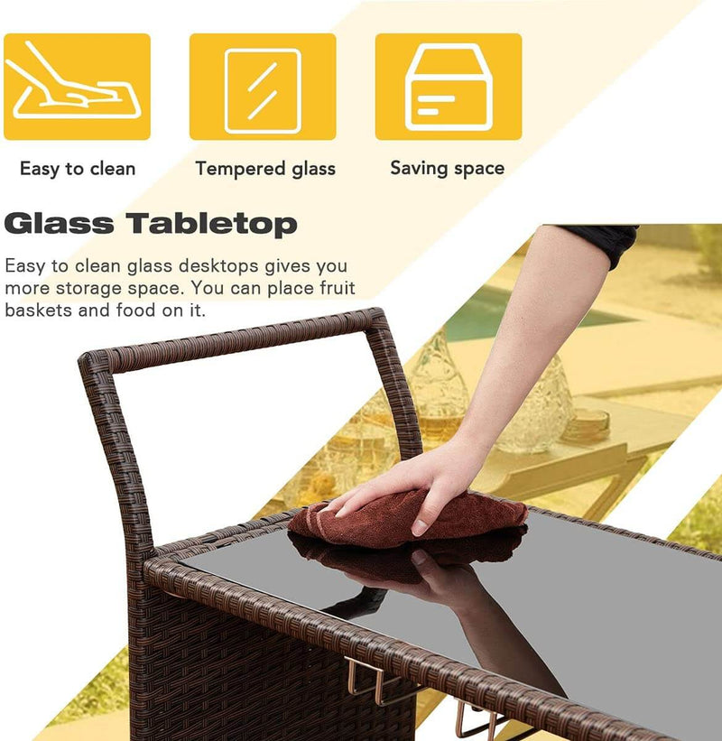 Outdoor Wicker Bar Cart Patio Serving Counter Table w/ Removable 12L Ice bucket, Glass Top, Wine Rack & Wheels