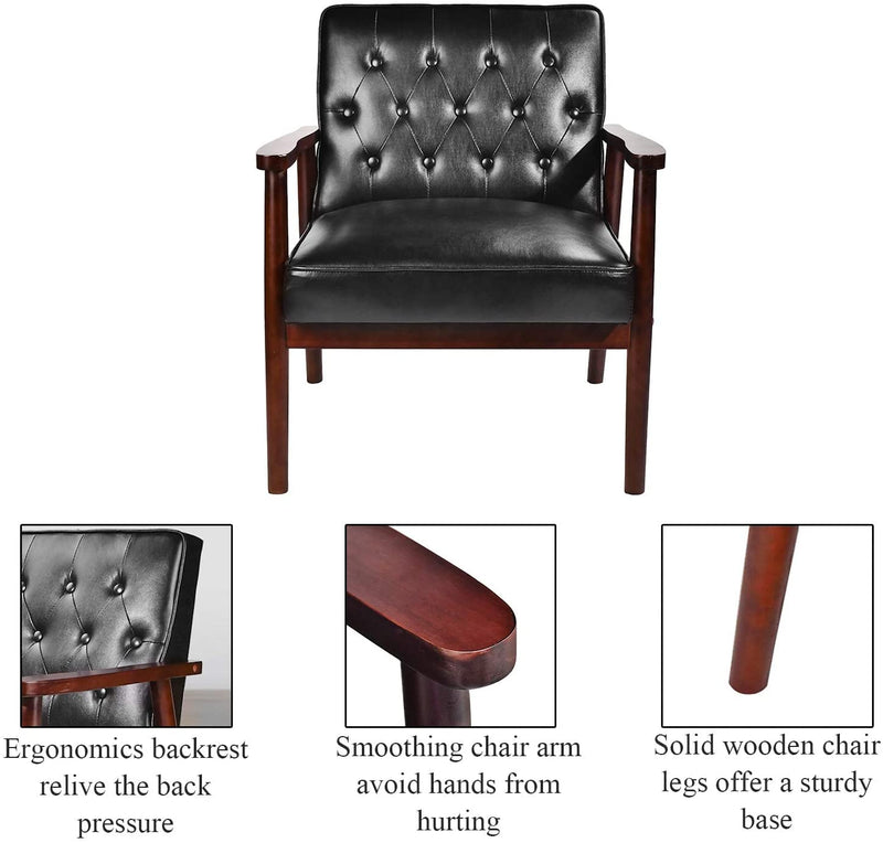 Mid-Century Accent Chair Retro Faux Leather Upholstered Wooden Lounge Chair