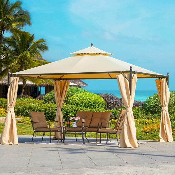 10 x 12 FT Double-Roof Softtop Gazebo Canopy, Outdoor Steel Frame Gazebo with Shade Curtains, Beige