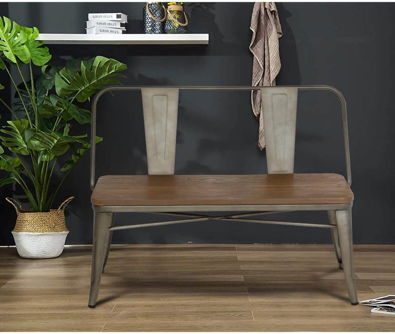 Homhum Metal Bench Industrial Mid-Century 2 Person Chair with Wood Seat, Dining Bench with Floor Protector, Copper