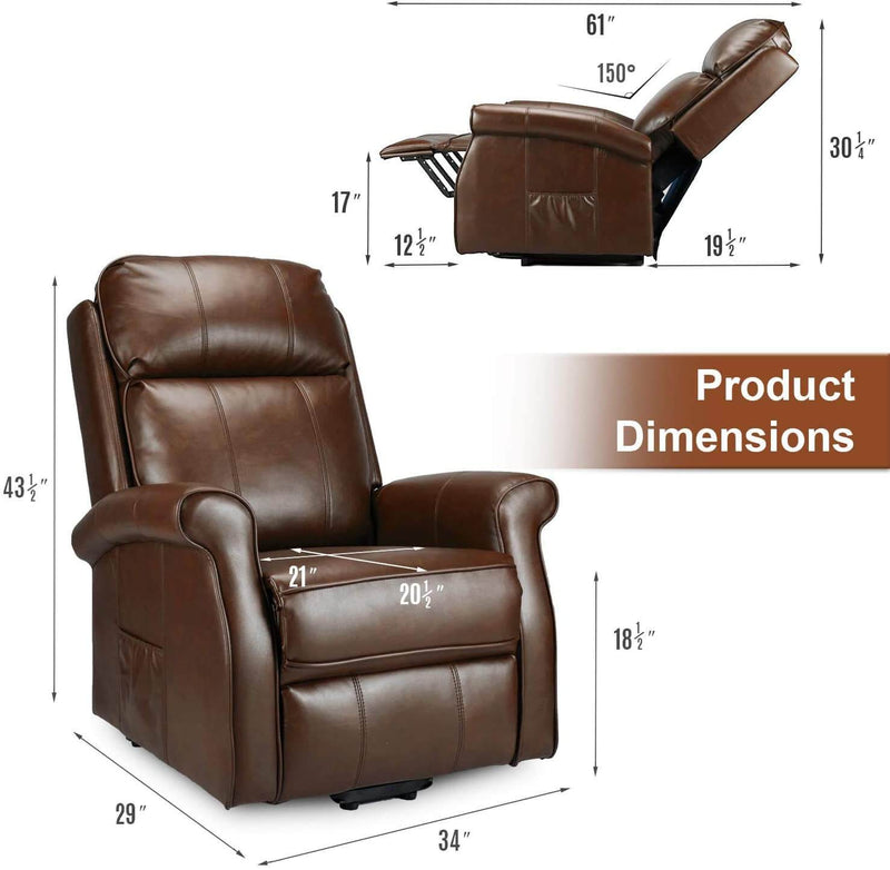 Electric Power Lift Recliner Chair, Faux Leather Electric Recliner for Elderly with Heated Vibration Massage, Side Pocket & Remote Control, Brown