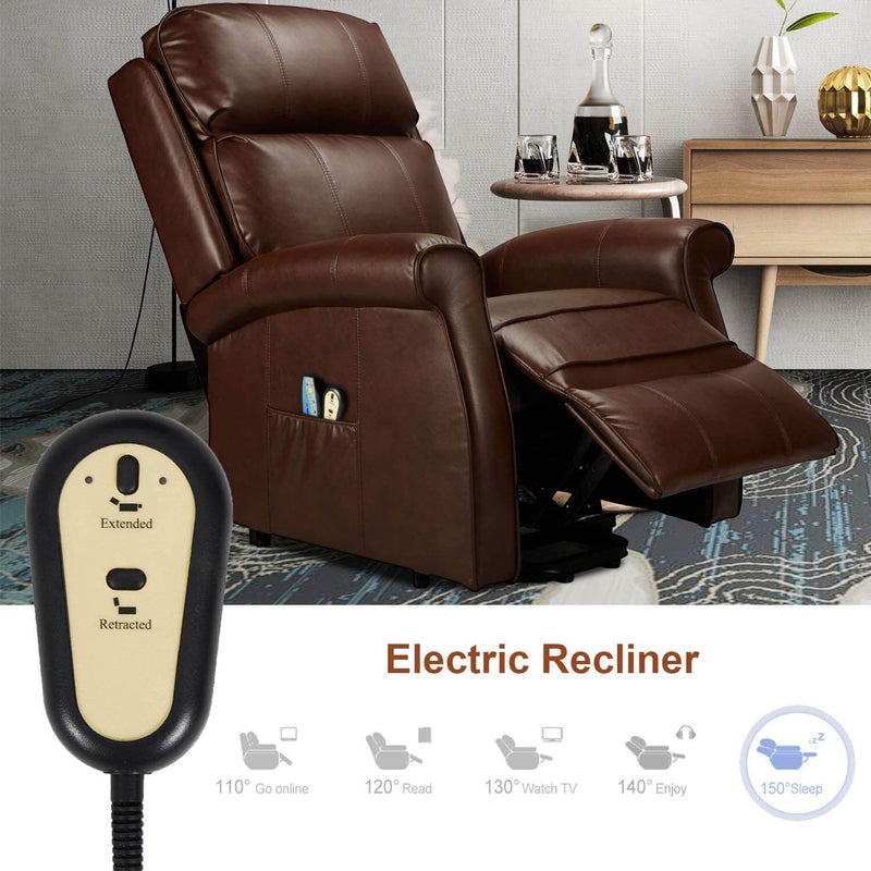 Electric Power Lift Recliner Chair, Faux Leather Electric Recliner for Elderly with Heated Vibration Massage, Side Pocket & Remote Control, Brown