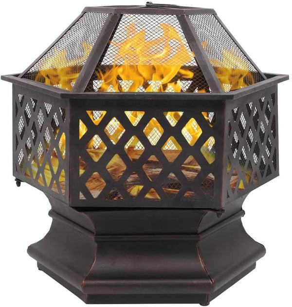 22'' Outdoor Fire Pit with Mesh Screen, Metal Wood Burning Bonfire Firepit