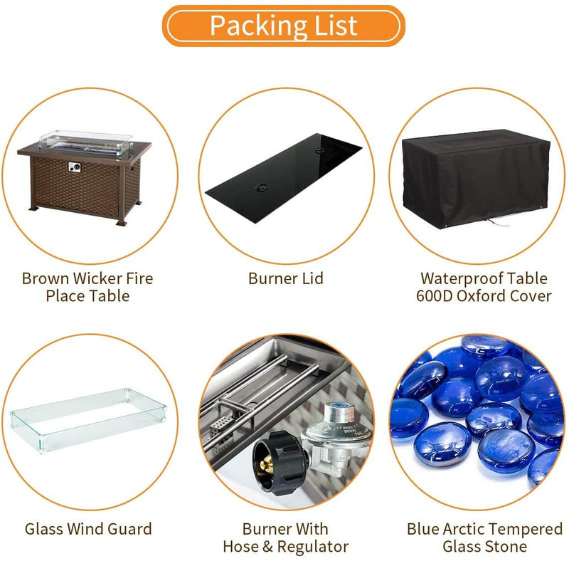 44in Propane Gas Fire Pit Table, Auto-Ignition Gas Firepit with Glass Wind Guard, Black Tempered Glass Tabletop & Blue Glass Stone, Brown Rattan