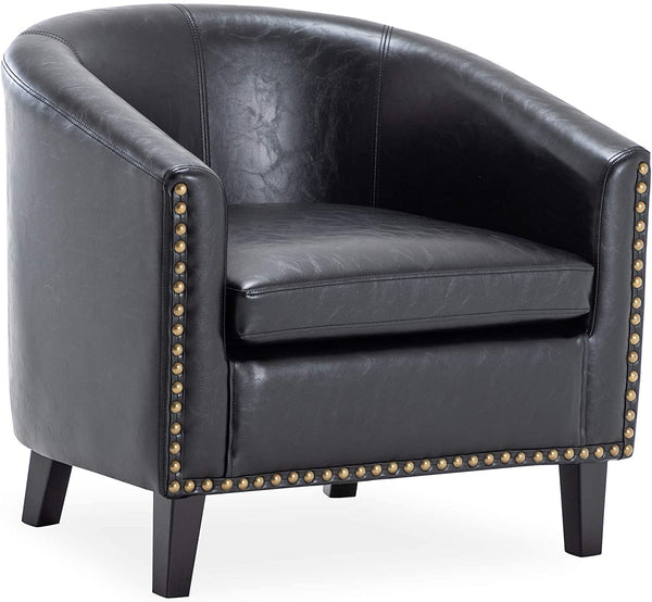 Modern Tub Barrel Accent Chair Upholstered Faux Leather with Nail Head, Black