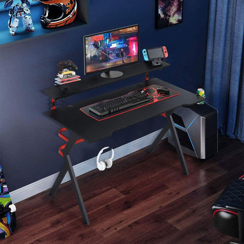 47 Inch Gaming Desk with Speaker Stand, Controller Stand, Headphone Hook & Storage Basket, Black