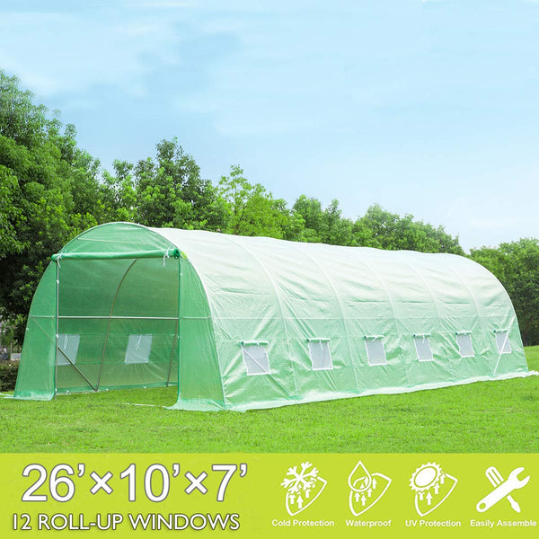26' x 10' x 7' Large Tunnel Greenhouse, Plant Hot House Walking in Greenhouse, Green