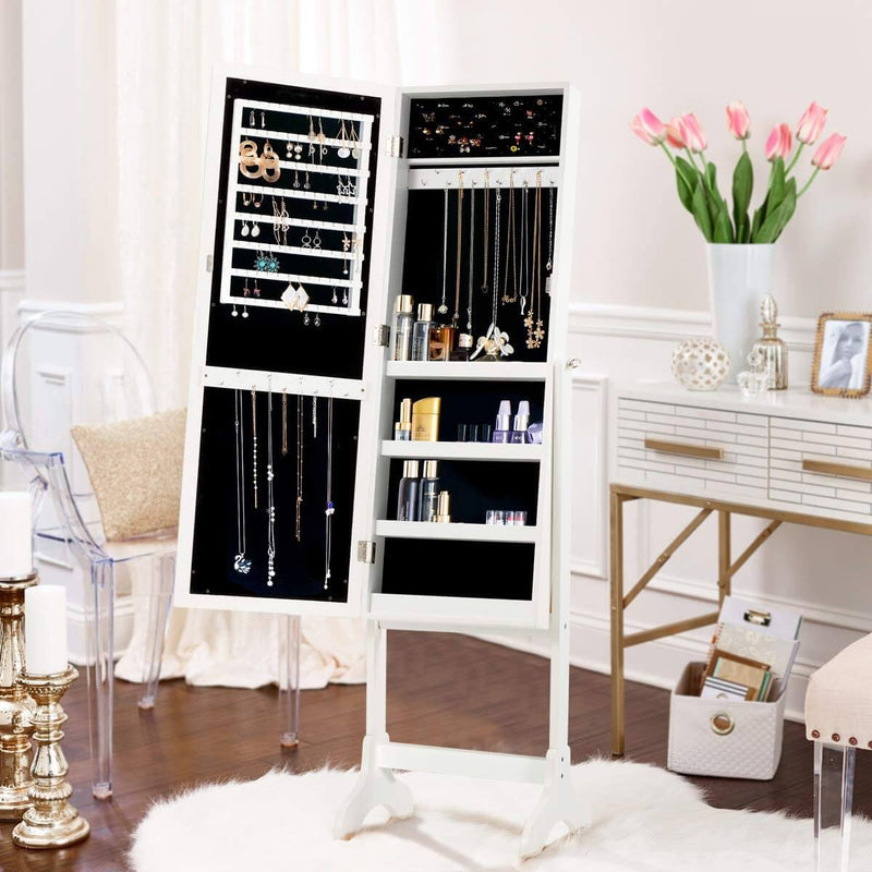 Floor Standing Jewelry Armoire, Angle Adjustable Jewelry Organizer, Dressing Mirror Jewelry Cabinet with Full Length Mirror, White