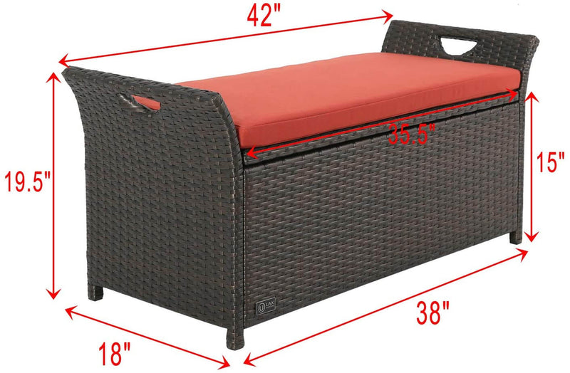 Outdoor Storage Bench with Wing Handles, Rattan Style Deck Box with Red Cushion