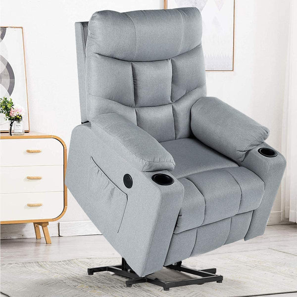 Power Lift Chair Electric Recliner for Elderly Heated Vibration Fabric Sofa Living Room Chair with 2 Side Pockets and Cup Holders, USB Charge Port & Remote Control, Gray