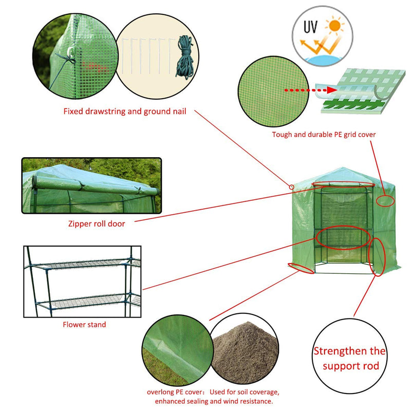 7.5FT Portable Greenhouse 3-Tier Shelf Hexagonal Walk-in Green House Kit, Plant Hot House, Green