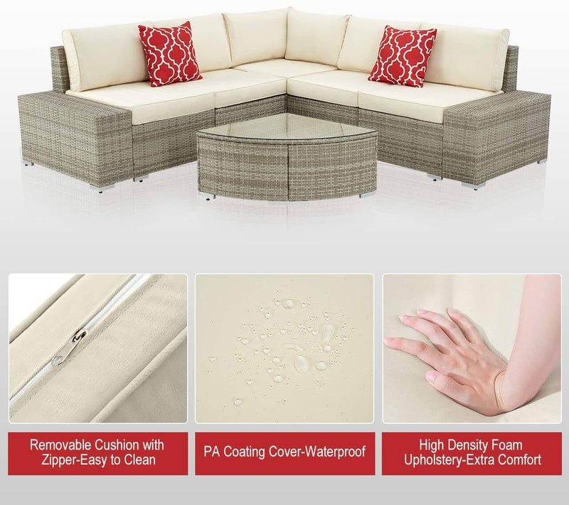 6 Pcs Outdoor Patio Sectional Furniture Set, PE Rattan All Weather Wicker Sofa Set with Cushions Arc-Shaped Table, Gray