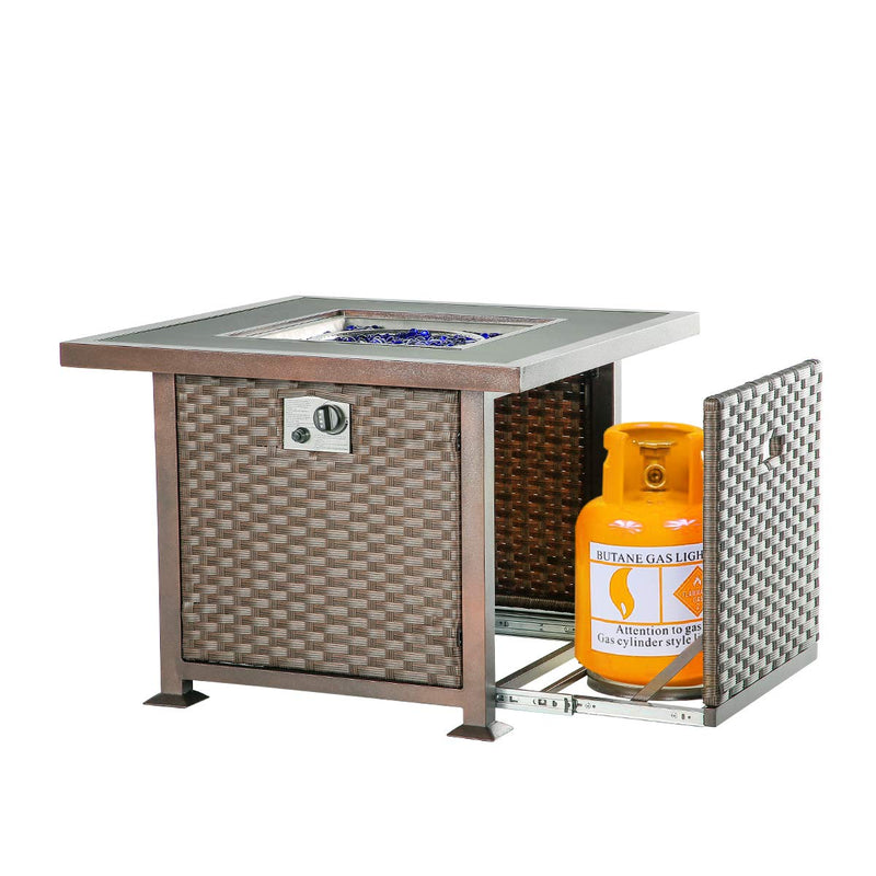 32'' Propane Gas Fire Pits Table, Auto-Ignition Gas Firepit with Glass Wind Guard, Black Tempered Glass Tabletop & Glass Rock, Brown PE Rattan