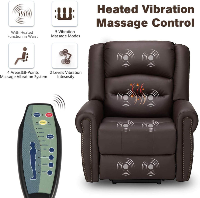 Power Lift Recliner Chair for Elderly, Faux Leather with Rivet Design Electric Recliner Chair with Heated Vibration Massage, Side Pockets & USB Port, Dark Brown