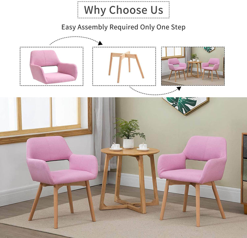 Modern Living Dining Room Accent Arm Chairs, Fabric Mid-Century Upholstered Seat with Solid Wood Legs, Pink