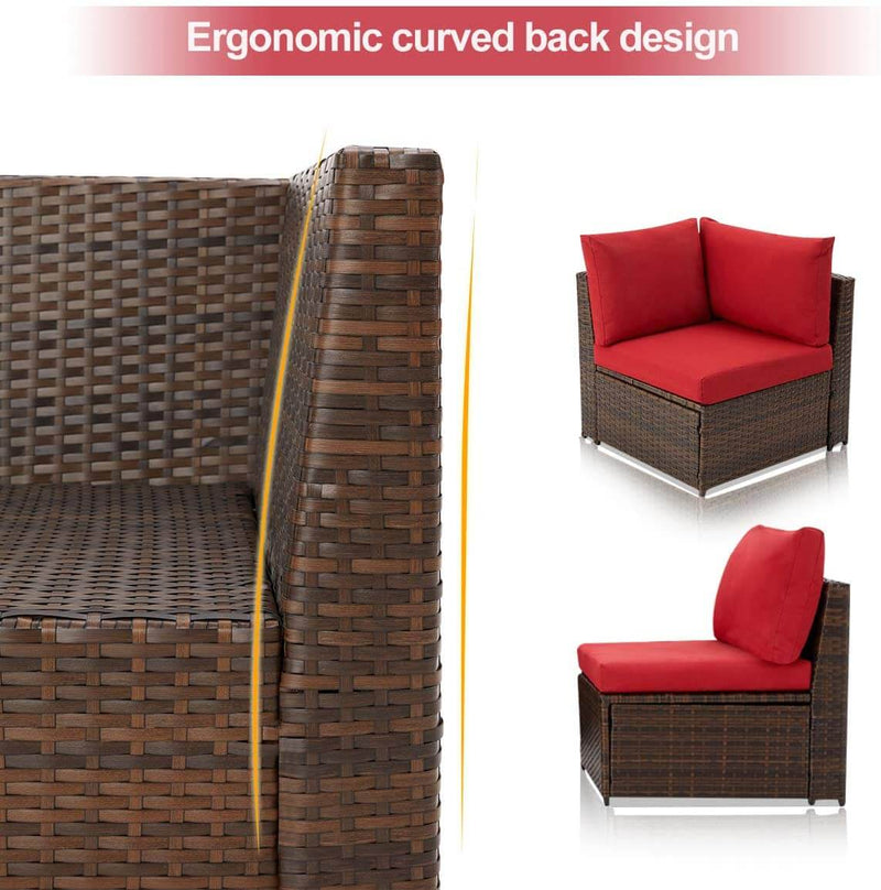 7 Pcs Patio Furniture Set, Wicker Rattan Conversation Sets, Outdoor Sectional Sofa Set, Red Cushion