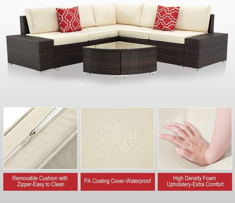 6 Pcs Outdoor Sectional Furniture Set, Patio PE Rattan All Weather Wicker Sofa Set with Cushions Arc-Shaped Table, Brown