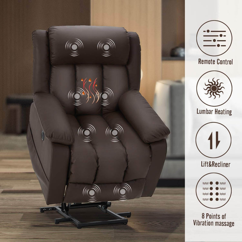 Power Lift Chair Electric Recliner Sofa for Elderly, Faux Leather Electric Recliner Chair with Heated Vibration Massage, Side Pocket and USB Port, Dark Brown