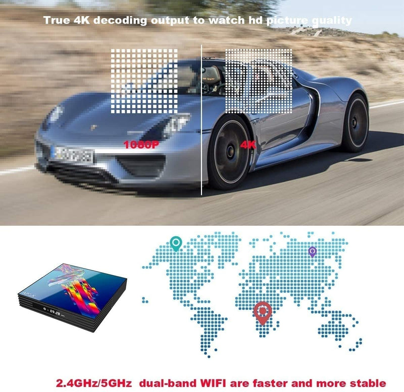 Android 9.0 Smart TV Box, Player Media 6K Resolution 4GB RAM 64GB ROM, RK3318 Chip Quad Core 64-bit, 2.4Ghz+5Ghz WiFi HDMI2.0 USB3.0 Support TF Card