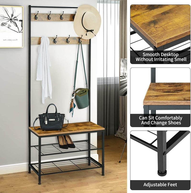 Industrial Coat Rack, Hall Tree Entryway Shoe Bench, Storage Shelf Organizer, Accent Furniture with Metal Frame