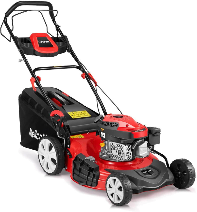 Mellcom Gas Lawn Mower Trimming Mower, 4-in-1 Rear Wheel Drive Trimmer with 16 Gal Grass Box, 8 Adjustable Mower Heights, Adjustable & Foldable Handlebars
