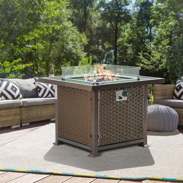 32'' Propane Gas Fire Pits Table, Auto-Ignition Gas Firepit with Glass Wind Guard, Black Tempered Glass Tabletop & Glass Rock, Brown PE Rattan
