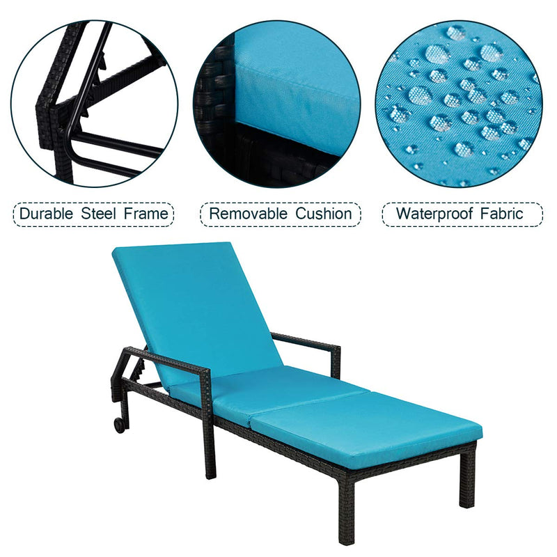 Adjustable Outdoor Chaise Lounge Chair Rattan Wicker Patio Lounge Chair Set of 2 with Cushion and Wheels,Black