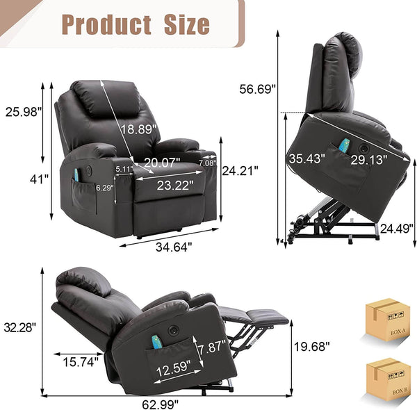 Power Lift Recliner Chair with Massage & Heat for Elderly, Leather Electric Recliner with 4 Side Pockets, Cup Holders & USB Port (Brown)