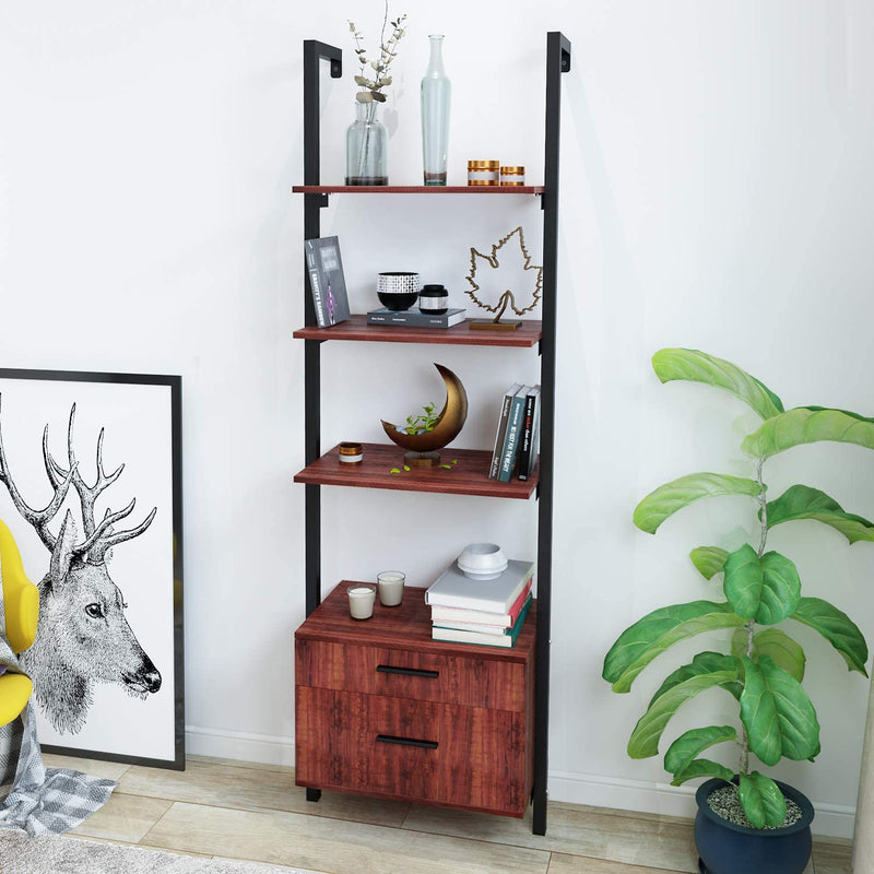 Wall Mounted Industrial 3-Tier Bookshelf with 2 Wood Drawers & Matte Steel Frame Ladder Shelf Bookcase, Black