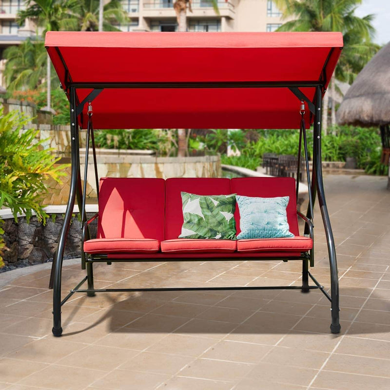 3 Person Patio Porch Swing Outdoor Swing Chair with Adjustable Canopy Weather Resistant Steel Frame & Padded, Red