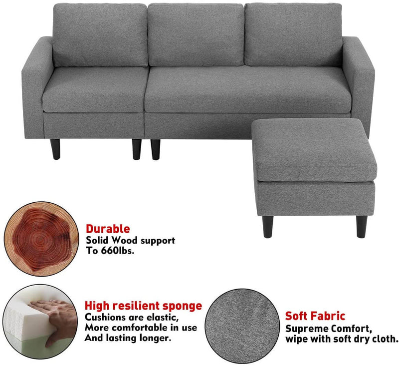 Convertible Couch Sectional Sofa Couch Modern Linen Fabric L-Shape Couch, 3 Piece Living Room Furniture Sets with Chaise Lounge, Dark Gray