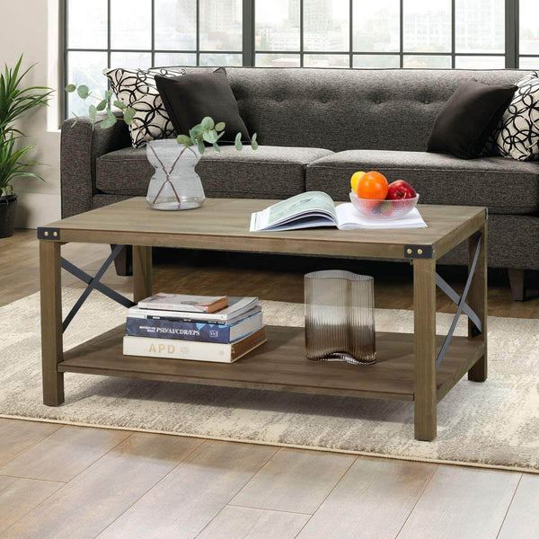 Industrial Coffee Table Wood Look Tea Table with Storage Shelf for Living Room Accent Furniture with Metal Frame, Easy Assembly