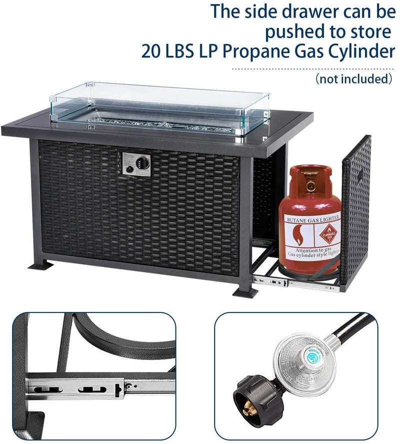 44in Propane Gas Fire Pit Table, Auto-Ignition Gas Firepit with Glass Windguard, Black Tempered Glass Tabletop & Glass Stone, Black Rattan