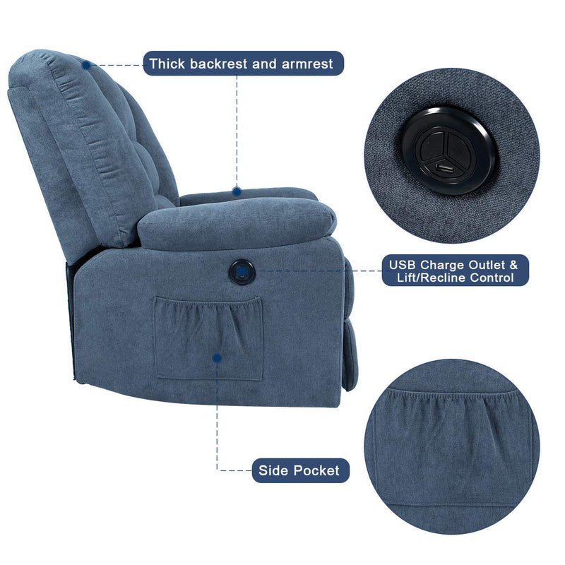 Power Lift Microfiber Electric Recliner Chair with Heated Vibration Massage Sofa Fabric Living Room Chair with Side Pockets, USB Charge Port & Massage Remote Control, Blue
