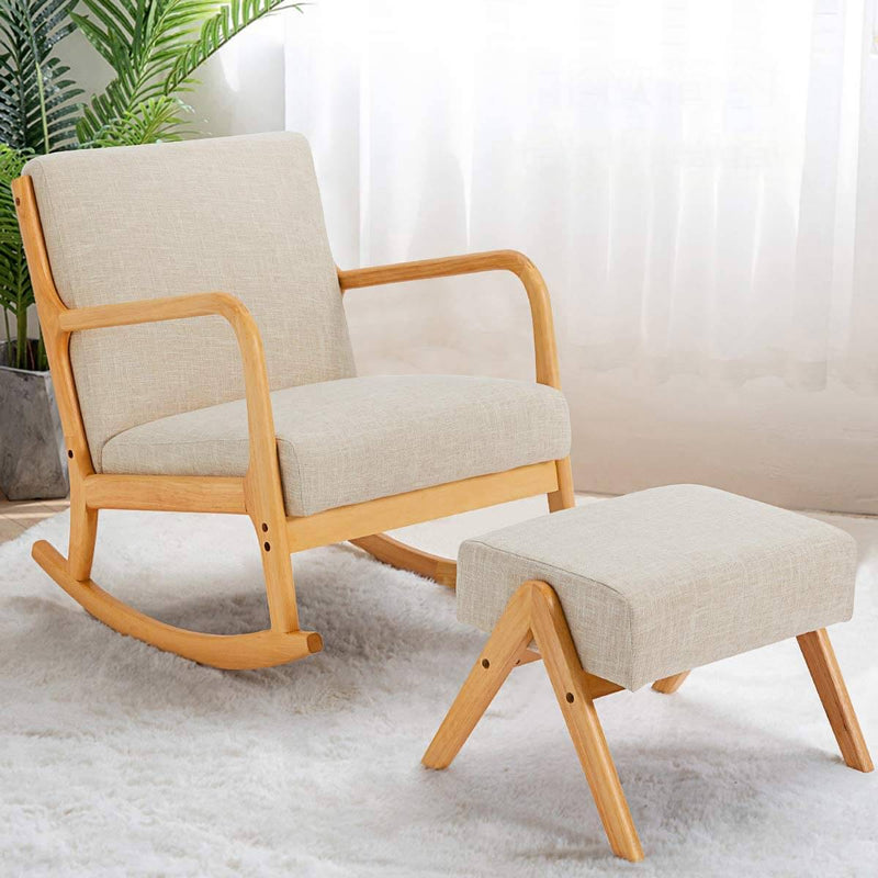 Fabric Rocking Chair, Mid-Century Glider Rocker with Padded Seat, with Ottoman, Seat Wood Base, Linen Accent Chair for Living Room