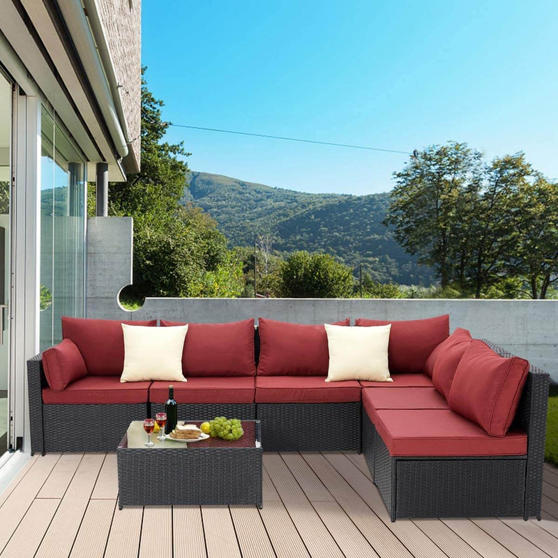 7-Piece Wicker Outdoor Patio Sectional Furniture Set Rattan Patio Conversation Furniture Sets Wicker Sofa Set with Red Cushion