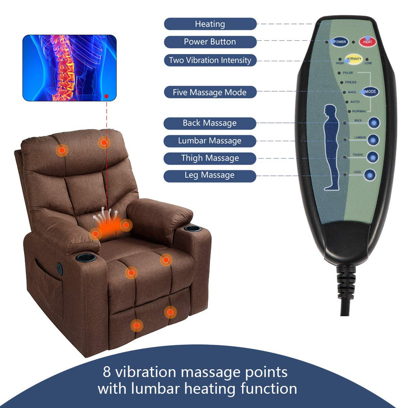 Power Lift Chair Electric Recliner for Elderly Heated Vibration Fabric Sofa Motorized Living Room Chair with Side Pocket and Cup Holders, Brown