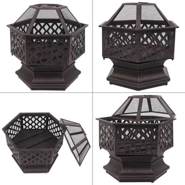 22'' Outdoor Fire Pit with Mesh Screen, Metal Wood Burning Bonfire Firepit