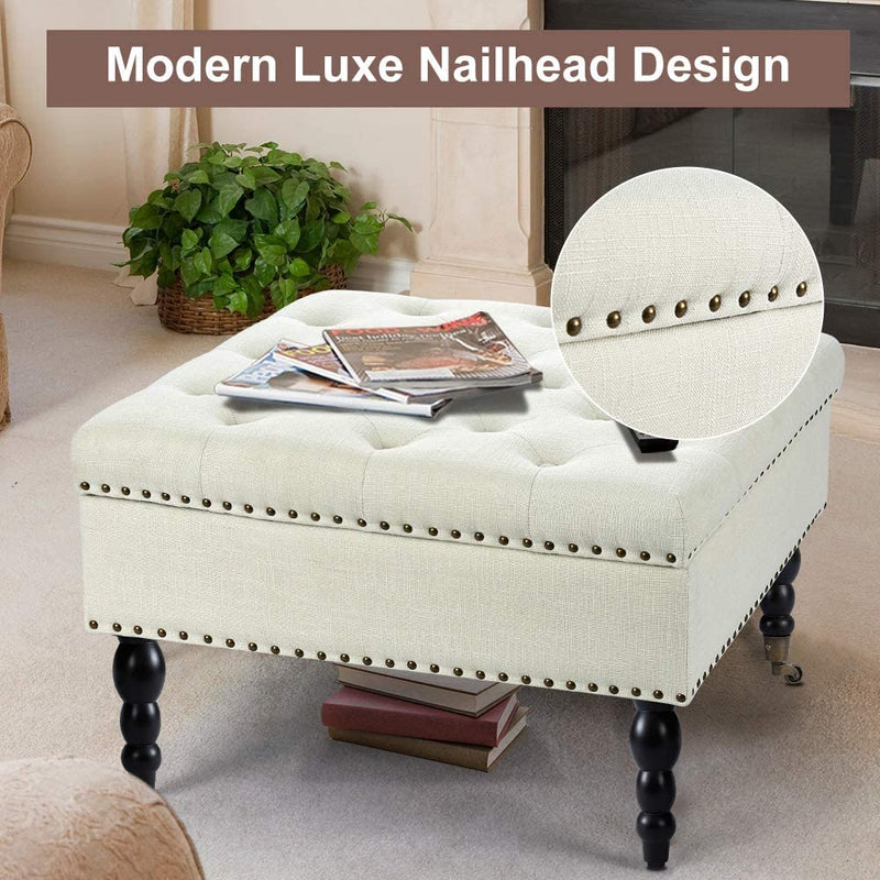 29" Square Tufted Button Storage Ottoman Table Bench with Rolling Wheels Nailhead Trim Linen Fabric Foot Rest Stool/Seat for Bedroom, living Room and Hallway (Beige)