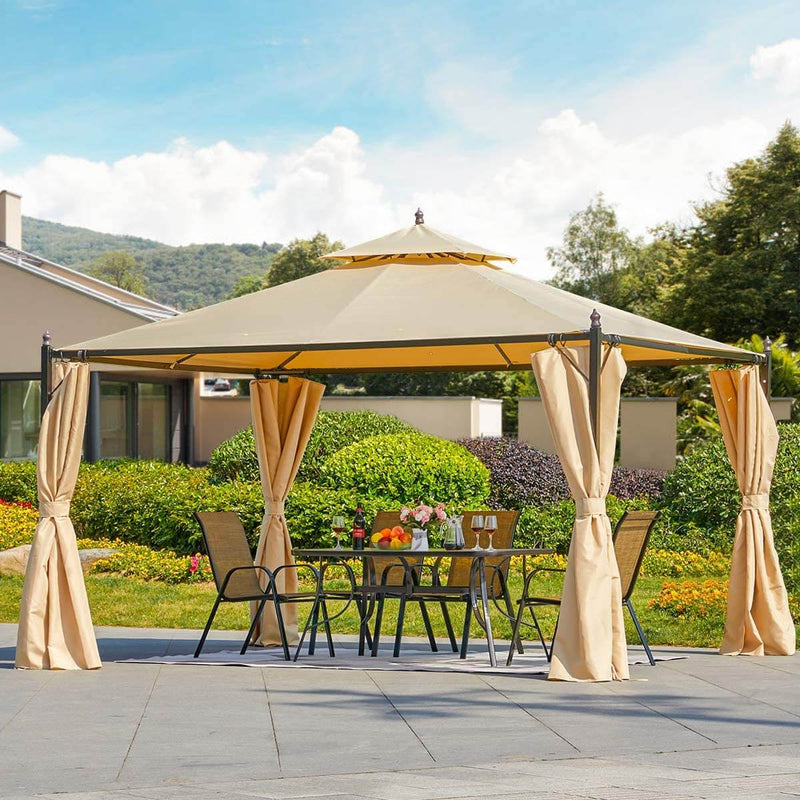 10 x 12 FT Double-Roof Softtop Gazebo Canopy, Outdoor Steel Frame Gazebo with Shade Curtains, Beige