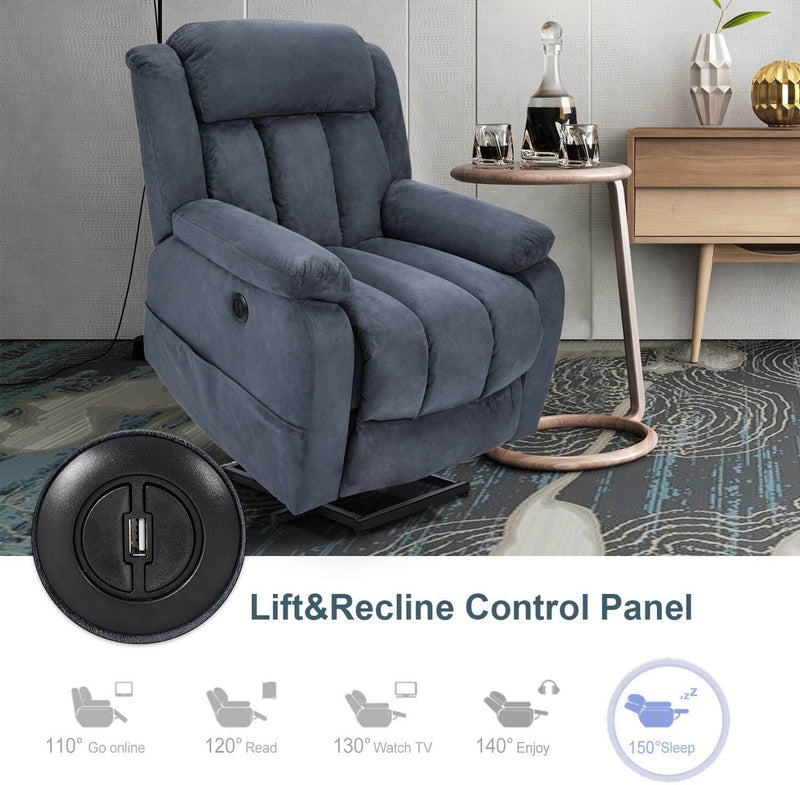 Power Lift Chair Electric Recliner Sofa for Elderly, Microfiber Electric Recliner Chair with Heated Vibration Massage, Side Pocket and USB Port, Blue Gray