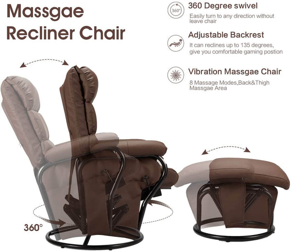 Glider Recliner with Ottoman, Swivel Glide Chair, Faux Leather Lounge Recliner with Footrest, Vibration Massage Lounge Chair with Side Pocket, Brown