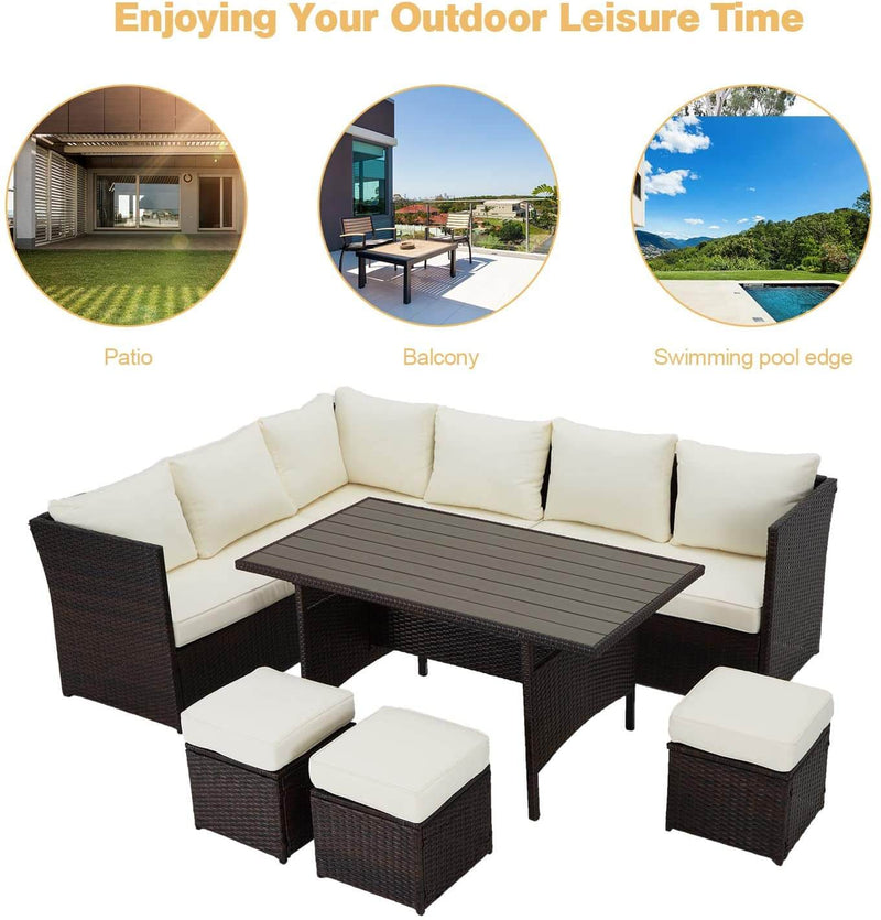 7 Pcs Patio Rattan Sectional Sofa Outdoor Dining Set with Ottoman
