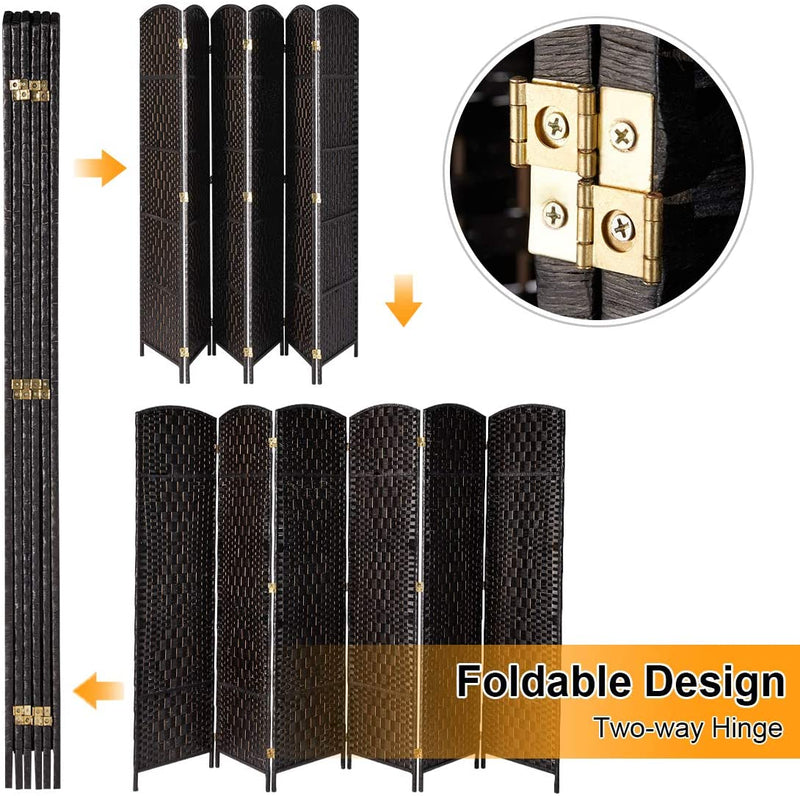 Wooden Room Divider Weave Fiber Room Separator Screen Double Hinged Folding Privacy Screens 6 Panels