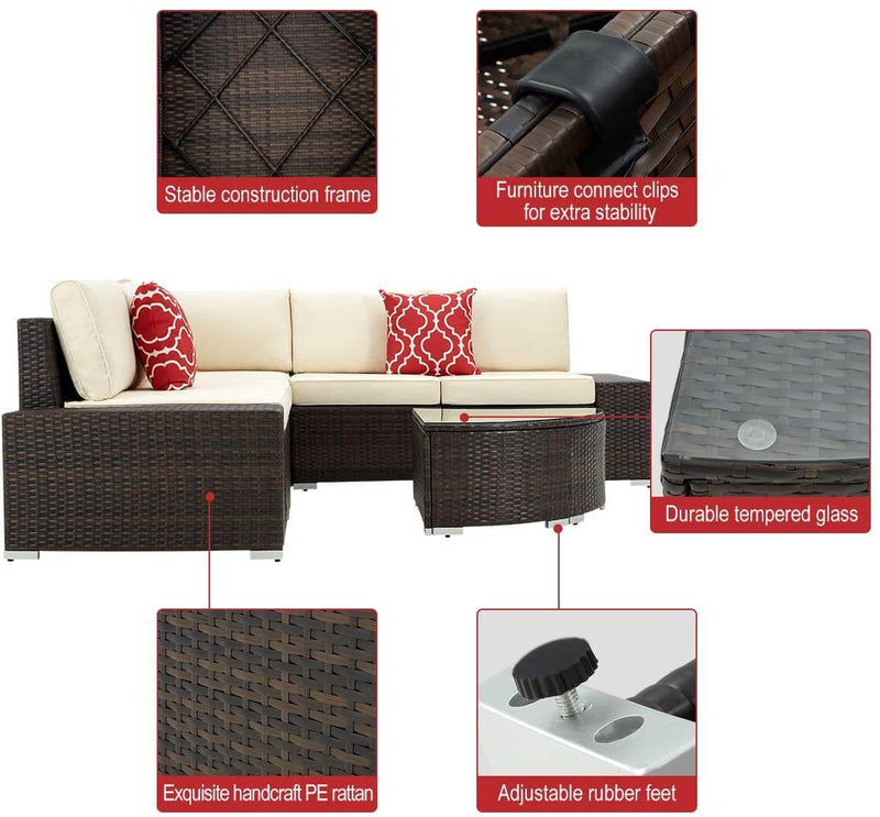 6 Pcs Outdoor Sectional Furniture Set, Patio PE Rattan All Weather Wicker Sofa Set with Cushions Arc-Shaped Table, Brown